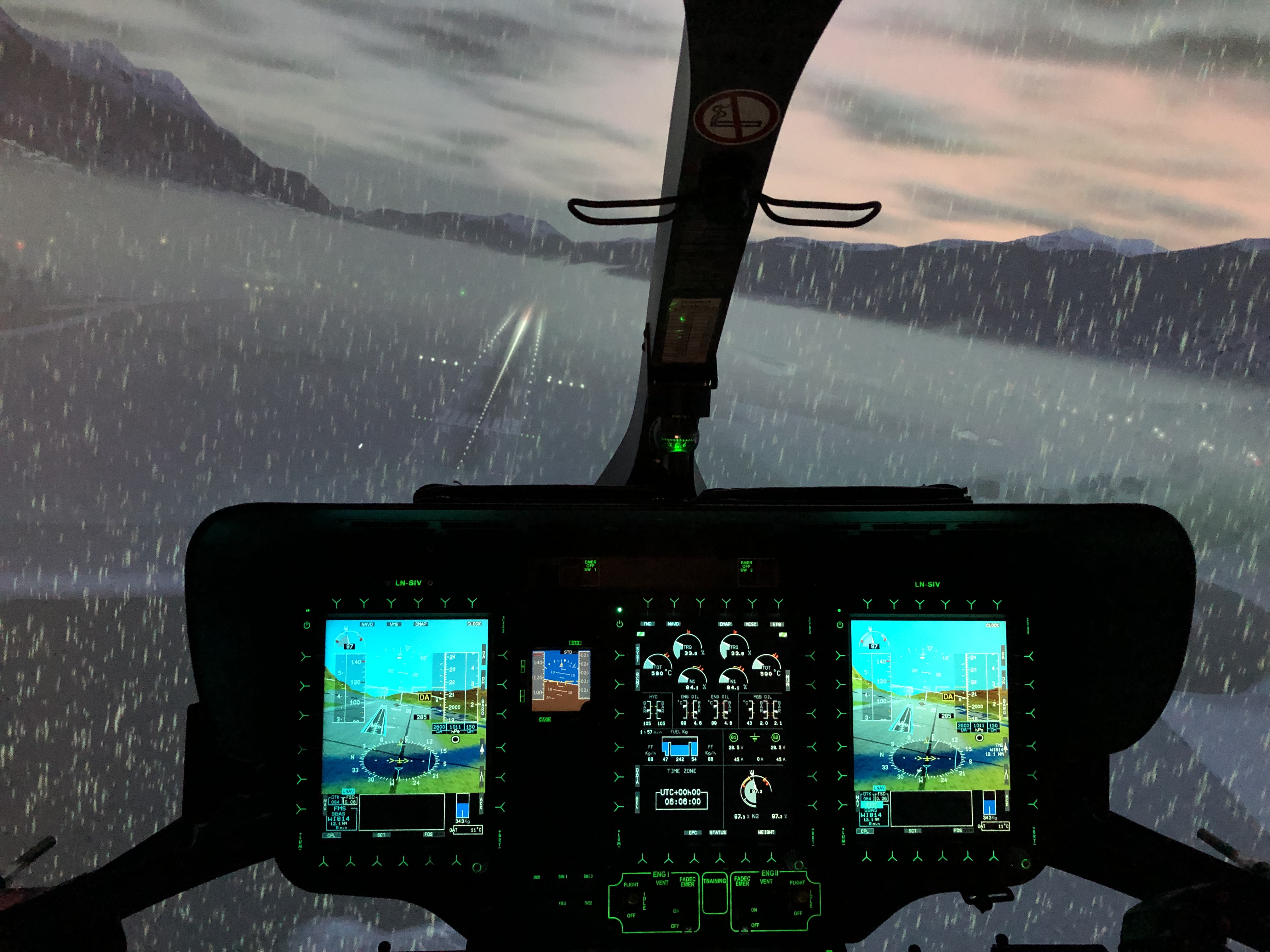 Helicopter simulator during simulated rain.