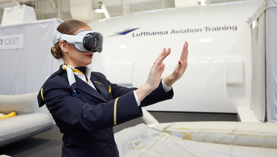 A flight attendant is wearing a VR headset.